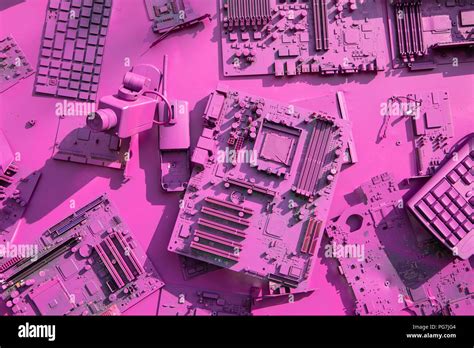 A collage of old computer components in purple color Stock Photo - Alamy