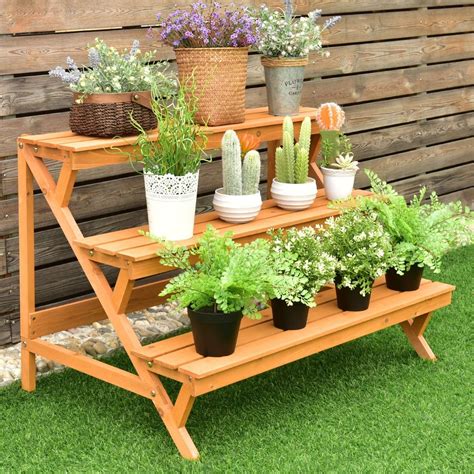 3 Tiers Wooden Step Ladder Plant Pot Rack Stand - Costway | Pallet garden benches, Wooden plant ...