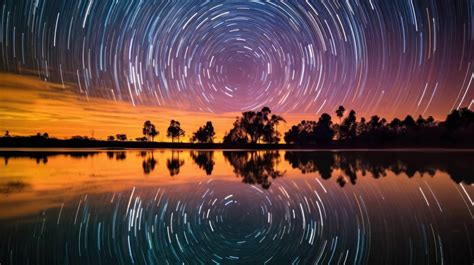 A pristine lake reflecting a night sky full of stars, long exposure photography, star trails ...