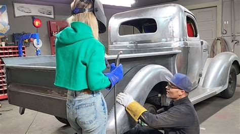 Jolene is butt welding the widened rear fender on the 1935 Plymouth - YouTube