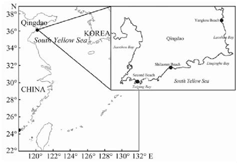 Geographical locations of three sandy beaches in Qingdao, Shandong ...