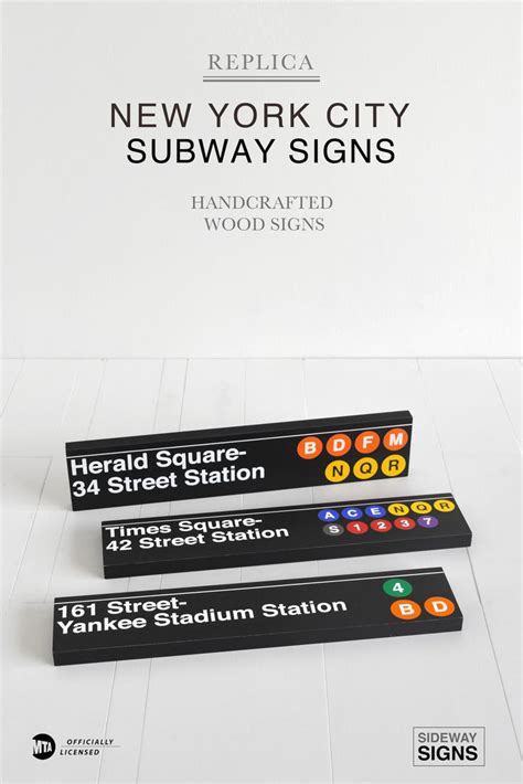 three new york city subway signs are shown in front of an advertisement for the station