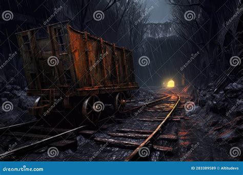 Rusty Mining Cart on Tracks Leading into Darkness Stock Illustration - Illustration of cart ...