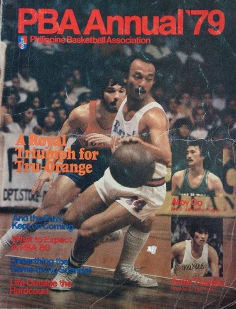 The PBA Annual 1979 w/ Royal Tru-Orange key player Yoyong Martirez dribbling the ball against ...