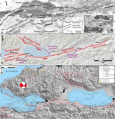 a) Active faults of the North Anatolian Fault Zone and its three ...