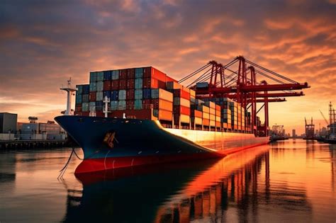 Premium AI Image | A container ship is docked at sunset.