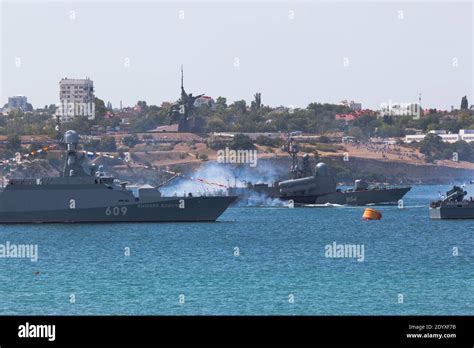 Sevastopol, Crimea, Russia - July 26, 2020: Missile boat R-334 Ivanovets passes next to the ...