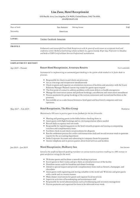 Hotel Receptionist Resume & Writing Guide | +12 Templates | 2019