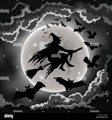 Wicked witch silhouette and bats flying by the moon Stock Vector Art ...