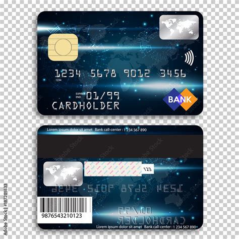 Realistic detailed credit card. Front and back side. Vector illustration of bank card on ...