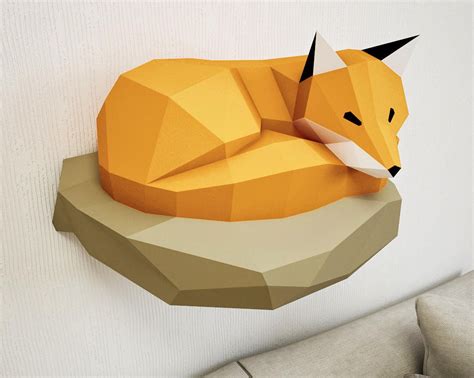 Papercraft Fox on rock, paper model, 3d paper craft, paper sculpture ...