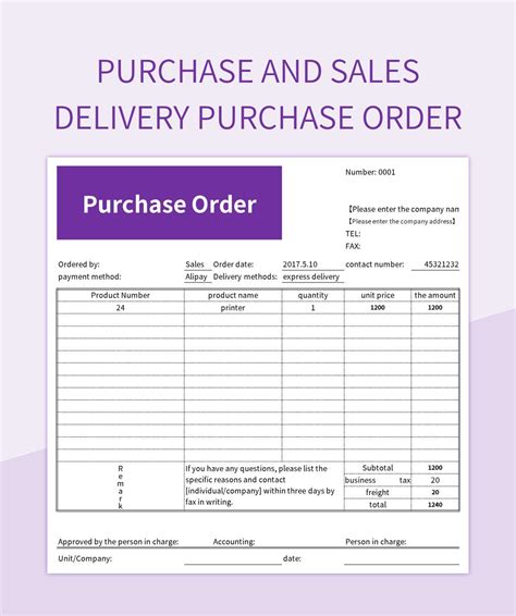 Purchase And Sales Delivery Purchase Order Excel Template And Google Sheets File For Free ...