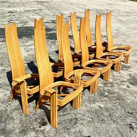 Vintage Modernist High Back Rattan Dining Chairs, Set of 10 For Sale at 1stDibs