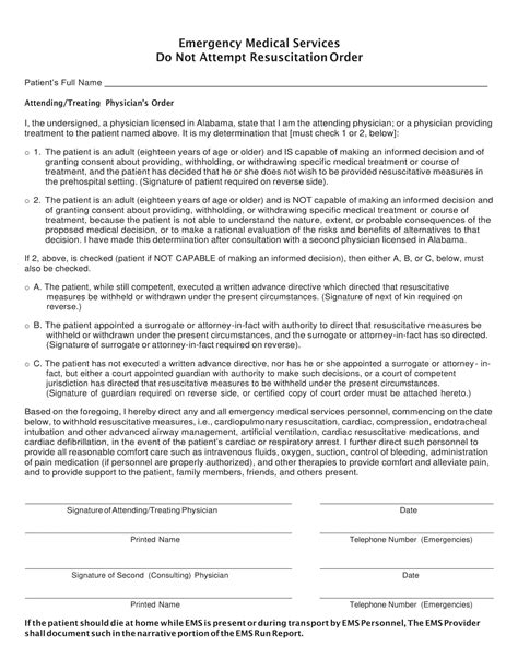 Free Printable Do-Not-Resuscitate (DNR) Order Form [PDF, Word]