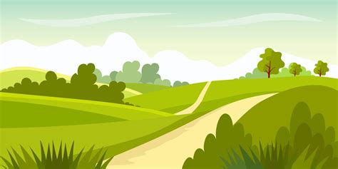 Cartoon rural grassland landscape, rural lane road to horizon through green pasture meadows with ...