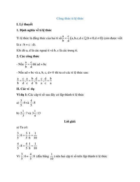 Cong thuc ti le thuc hay chi tiet toan lop 7 - Công thức tỉ lệ thức I. Lý thuyết Định nghĩa về ...