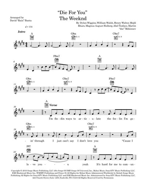 Die For You (arr. David Rain Banta) by The Weeknd Sheet Music for Piano, Vocal & Guitar Chords ...