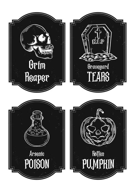 four halloween labels in black and white