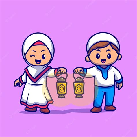 Free Vector | Cute girl and boy moslem bring lantern lamp cartoon ...