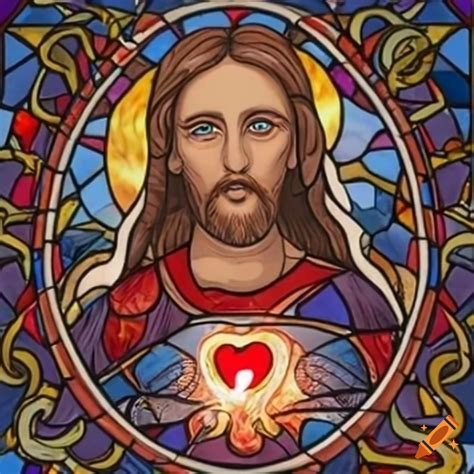 Stained glass window of praying jesus with burning heart on Craiyon
