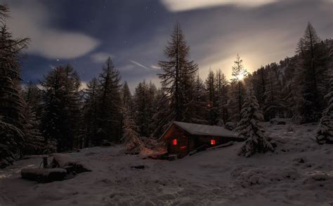 Download Light Cabin Tree Snow Night Photography Winter HD Wallpaper