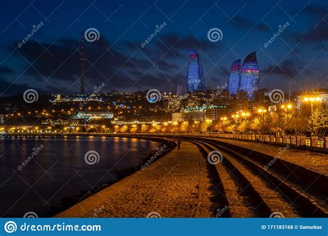 Night View of Baku with the Flame Towers Skyscrapers Stock Photo ...