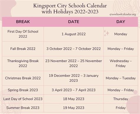 Kingsport City Schools Calendar with Holidays 2022-2023