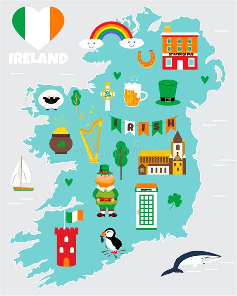 Tourist Map of Ireland with Landmarks and Symbols. Stock Vector - Illustration of ocean, coin ...