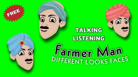 Farmer man cartoon face in different looks | talking listening | green screen video | chroma key ...