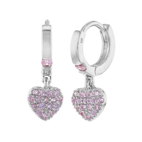 In Season Jewelry - 925 Sterling Silver Girls Small Hoop Pink CZ Heart Dangle Earrings Toddlers ...