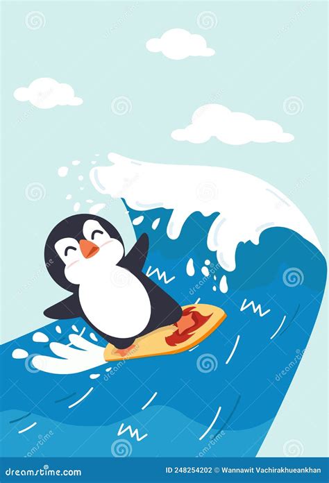 Happy Penguin Cartoon Surfing Vector Stock Vector - Illustration of ...