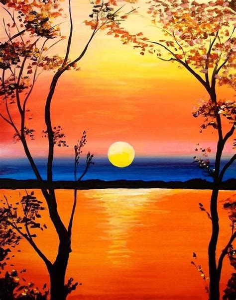 sunset-over-the-ocean-acrylic-flower-painting-two-tall-trees-at-the ...