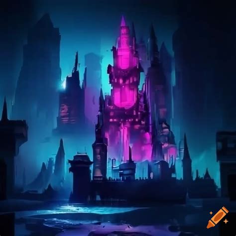 Cyberpunk castle with neon lights and light blades on Craiyon