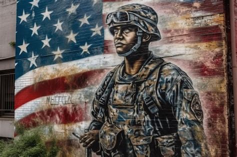 Premium AI Image | A Street art mural graffiti painting of a soldier with a helmet on the wall