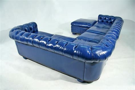 Bright Blue Leather Chesterfield Sectional Sofa | Baci Living Room