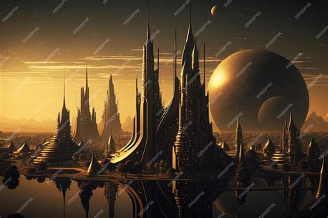 Premium AI Image | A digital painting of a city with a planet in the ...