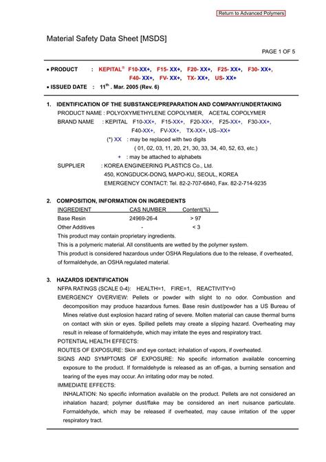 Material Safety Data Sheet [MSDS] - Advanced Polymers