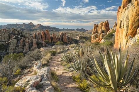 A Dirt Path Winds through a Rugged Desert Landscape, Bordered by Rocks and Various Desert Plants ...