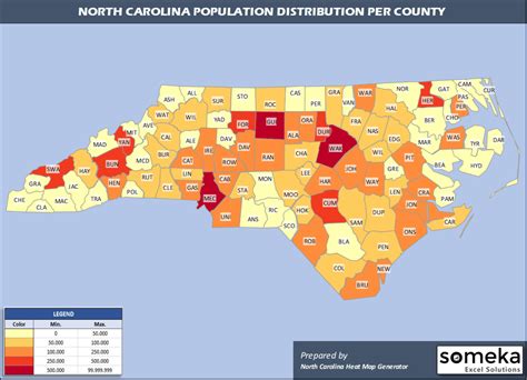 North Carolina County Map and Population List in Excel