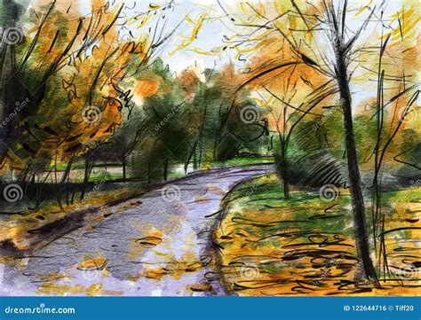 Autumn Landscape. Drawing in Watercolor and Color Pencil Stock Illustration - Illustration of ...