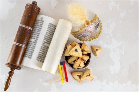 Premium Photo | The scroll of esther and purim festival objects