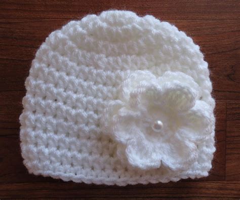 Crocheted Baby Girl Hat with Flower White Hat by KaraAndMollysKids