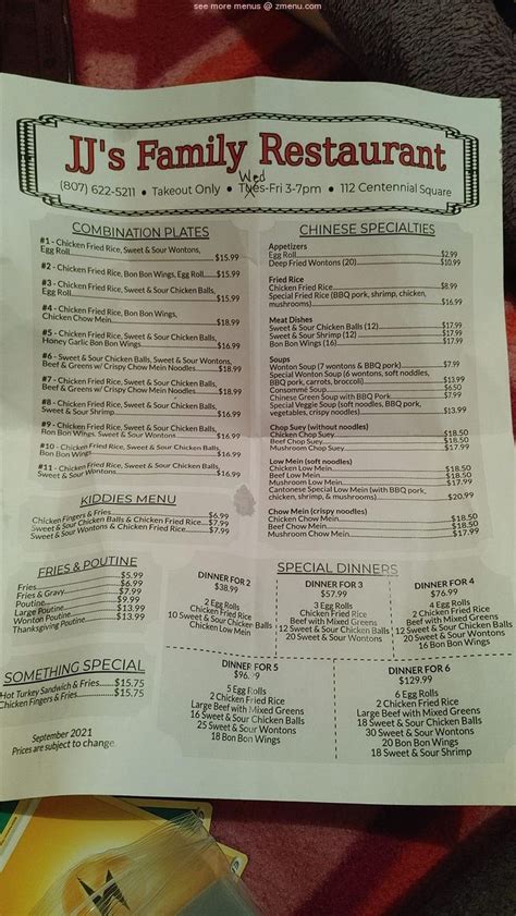 Menu at JJ's Family Restaurant, Thunder Bay