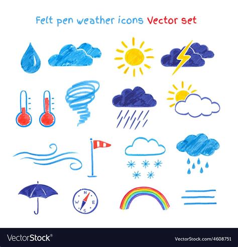 Vector collection of felt pen child drawings of weather symbols ...