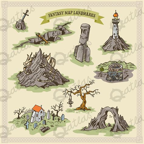 FANTASY MAP LANDMARKS - graveyard, bone dragon, lighthouse, chasm ...