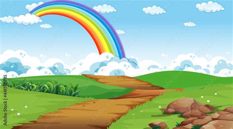 Nature park scene background with rainbow in the sky Stock Vector ...