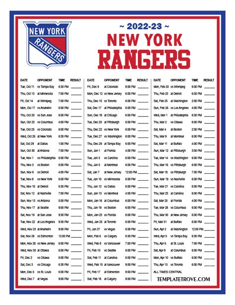 Printable 2022-2023 New York Rangers Schedule