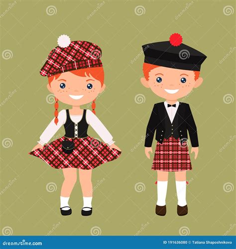 Cute Chibi Characters in National Scottish Costume. Flat Cartoon Style ...