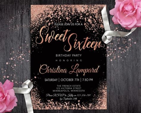 Sweet 16 Invitation Rose Gold Black Birthday invitation for