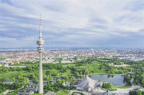 Germany, Bavaria, Munich, Aerial view of Olympiapark and Olympic Tower ...